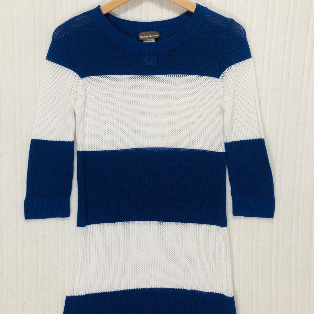 Tommy Bahama Blue White Striped Open Knit Sweater Dress TSW82100C XS‎
